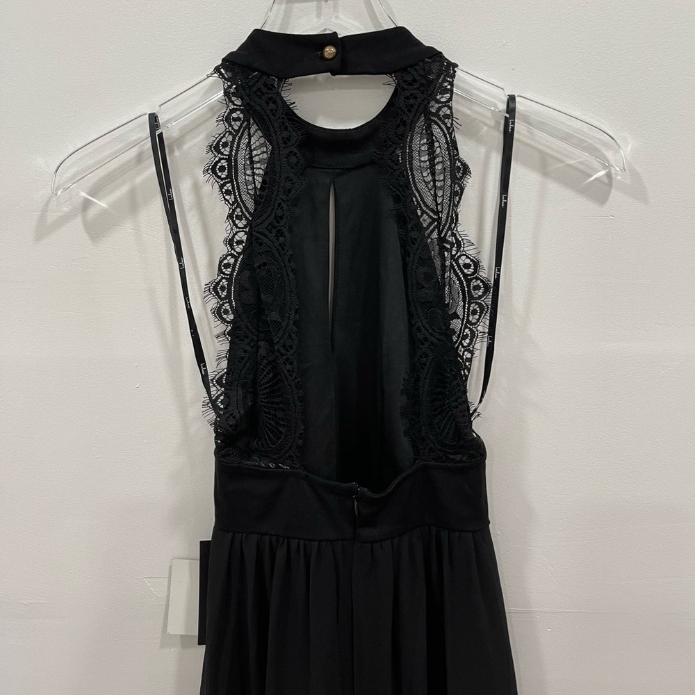 Lulu’s My Beloved Halter Black Lace Maxi Dress Front Slit Overlay Skirt X-Small - Picture 4 of 10